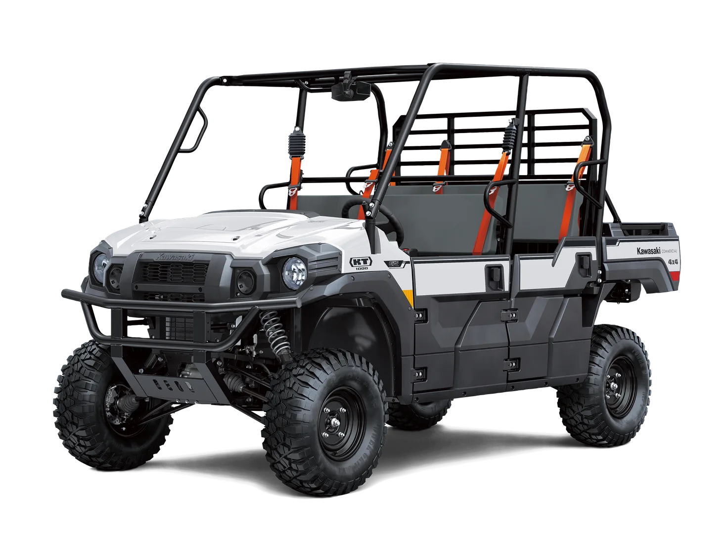 Gray and white crew-cab utility vehicle with four enclosed seats, orange seat belts, and a full-width rear cargo bed.