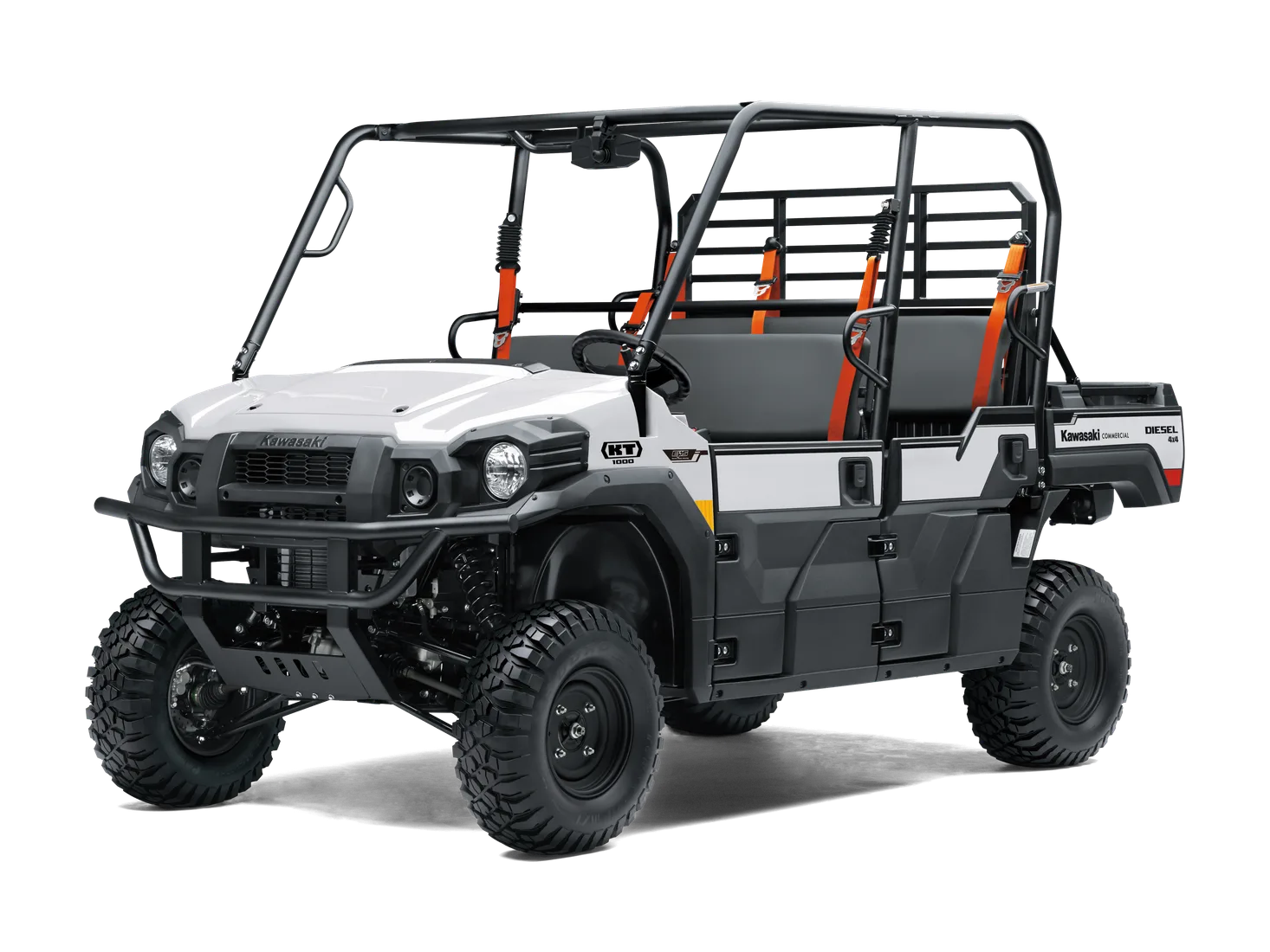 Gray and white crew-cab utility vehicle with four enclosed seats, orange seat belts, and solid door panels.
