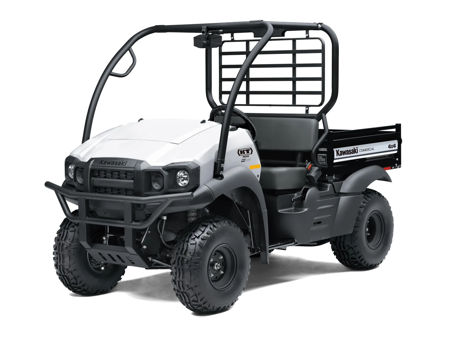 White two-seat utility vehicle with an open cargo bed, slatted rear rack, and black roll cage.