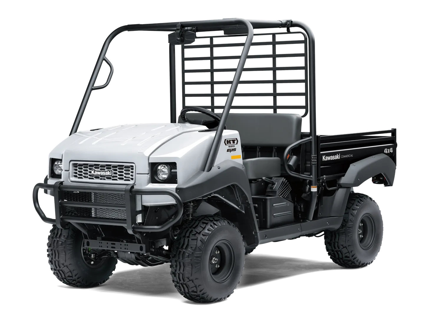 Silver-gray two-seat utility vehicle with an open cargo bed, slatted rear rack, and black roll cage.