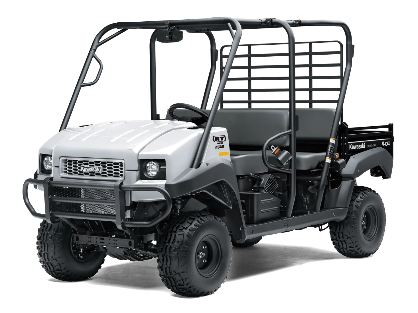 Silver-gray crew-cab utility vehicle with four open-sided seats, black seat belts, and a tall rear cargo rack.